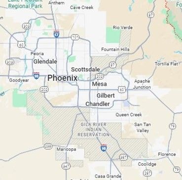 Map of the Phoenix Metropolitan Area showing Freedom Pest Elimination service coverage